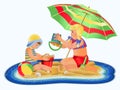 Summer time card,  little girl and boy playing on the beach , vector Royalty Free Stock Photo