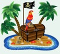 Summer time card, tropical island with pirate skulls, treasure chest and macaw parrot Royalty Free Stock Photo