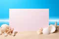 Summer time concept with blank paper on colored background. Seashells, starfishes, beach sand. Generative AI Royalty Free Stock Photo