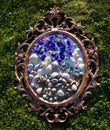Summer time concept Flat lay composition with beautiful starfish and sea shells on colored mirror Royalty Free Stock Photo