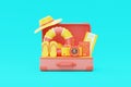Summer time concept. Opened suitcase with beach elements, inflatable ring, flip flops, hat, camera and passport. 3d rendering.