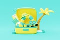 Summer time concept. Opened suitcase with beach elements, inflatable ring, flip flops, hat, camera and passport. holiday and