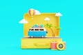 Summer time concept. Opened suitcase with van, beach elements,coconut palm, camera and hot air balloon floating. 3d rendering.