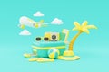 Summer time concept with suitcase, beach ball, flip flops, coconut palm, camera, sunglasses, and airplane. 3d rendering. Royalty Free Stock Photo