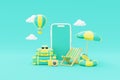 Summer time concept with suitcase, beach chair, umbrella, sunglasses, camera and hot air balloon floating. 3d rendering. Royalty Free Stock Photo