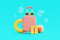 Summer time concept. Suitcase with beach elements, sunglasses, inflatable ring, ball, and flip flops. holiday and vacation, 3d Royalty Free Stock Photo
