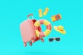 Summer time concept. Suitcase floating with beach elements, inflatable ring, flip flops, sunglasses, hat and camera. 3d Royalty Free Stock Photo