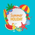 Summer time concept with white circle for text and colorful beach elements. Summer holiday design with palm, surfboard