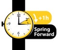 Daylight saving time. Spring forward watch icon.