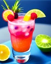 Summer time, exotic cocktails, fruits and sea Royalty Free Stock Photo