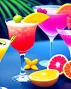 Summer time, exotic cocktails, fruits and sea Royalty Free Stock Photo