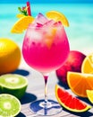 Summer time, exotic cocktails, fruits and sea Royalty Free Stock Photo