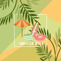 Summer time exotic travel poster with umbrella, swimming flamingo and palm leaves vector illustration. Royalty Free Stock Photo