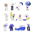 Summer Time Extreme Sports and Sea Professions Set. Ship Crew Uniform, Captain, Sailors, Surfing, Sup Board, Paragliding