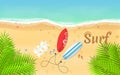 Summer time and favorite surfing. Surfboards, slippers and a towel lie on the beach. Beautiful text on the sand. A bright, sandy b