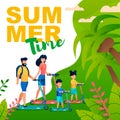 Summer Time Flat Poster with Family on Scooters