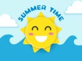 Summer Time Font With Paper Cut Cheerful Sun Emoji, Clouds And Water Wave On Blue