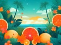 Summer time fun concept design. Creative background of ocean landscape, panorama of sea and beach with oranges and palm trees. Royalty Free Stock Photo