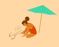 Summer time girl on the beach drawing in the sand Royalty Free Stock Photo