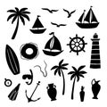 Beach and sea set of silhouettes. Flat illustration Royalty Free Stock Photo