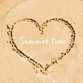 Summer time greeting card design. Shape of the heart drawn in the sand on the beach. Royalty Free Stock Photo