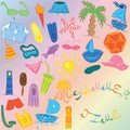 Summer Time. Hand Drawings of Summer Symbols. Colorful Doodle Boats, Ice cream, Palms, Hat, Umbrella, Jellyfish, Cocktail, Sun.