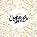 Summer time hand lettering text. Calligraphy poster with a trendy 90s memphis pattern.