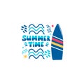 Summer time handwritten lettering phrase with surfboard and waves isolated