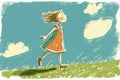 Summer time happiness. Little girl have a walk outdoors. Rural scene. Beautiful creative art. Generative AI