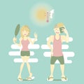 Summer time holiday vacation season with man and woman sweating in hot temperature, perspiration concept