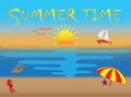 Summer time icons, sunset and flying seagulls in the beach for logo design illustration Royalty Free Stock Photo