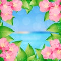 Summer time illustration. Bright estive banner. Summer Holiday Illustration. Frame with flowers and leaves.