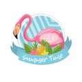 Summer time label, design element with palm leaves, flowers, pineapples and flamingo vector Illustration Royalty Free Stock Photo