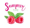 Summer time lettering and watercolor raspberry, isolated Royalty Free Stock Photo