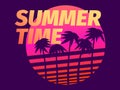 Summer time. Palm trees against a gradient sun in the style of the 80s. Synthwave and retrowave style. Design for advertising Royalty Free Stock Photo