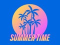 Summer time. Palm trees against a gradient sun in the style of the 80s. Synthwave and retrowave style. Design for advertising Royalty Free Stock Photo