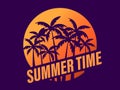 Summer time. Palm trees against a gradient sun in the style of the 80s. Synthwave and retrowave style. Design for advertising Royalty Free Stock Photo