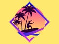 Summer time. Palm trees and a surfer against the background of the sun in a frame. Gradient sun. Tropical palm trees in 80s retro Royalty Free Stock Photo