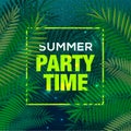 Summer time party background, palm leaf, sky, night, travel, poster, event, vector illustration.
