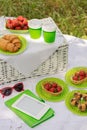 Summer time: picnic on the grass - coffee and croissants, juice Royalty Free Stock Photo