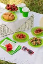 Summer time: picnic on the grass - coffee and croissants, juice Royalty Free Stock Photo