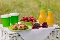 Summer time: picnic on the grass - coffee and croissants, juice Royalty Free Stock Photo