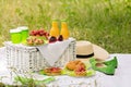 Summer time: picnic on the grass - coffee and croissants, juice Royalty Free Stock Photo