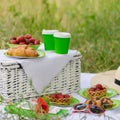 Summer time: picnic on the grass - coffee and croissants, juice Royalty Free Stock Photo