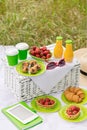 Summer time: picnic on the grass - coffee and croissants, juice Royalty Free Stock Photo