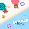 Summer Time Poster Design With Top View Of Swimming Pool, Sunbeds, Beach Balls, Lifebuoy On White And Blue Royalty Free Stock Photo
