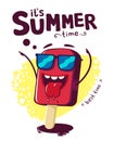 Summer time poster, funny cartoon character ice