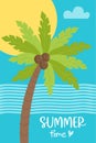 Summer time poster with sea, sun and palm tree. Vector illustration. Beautiful Summer Vertical map of tropical beach for Royalty Free Stock Photo