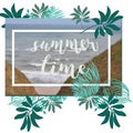 Summer Time poster. Text with frame on tropical leaves background. Trendy vector illustration. Royalty Free Stock Photo