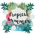 Summer Time poster. Text with frame on tropical leaves background. Trendy vector illustration. Royalty Free Stock Photo